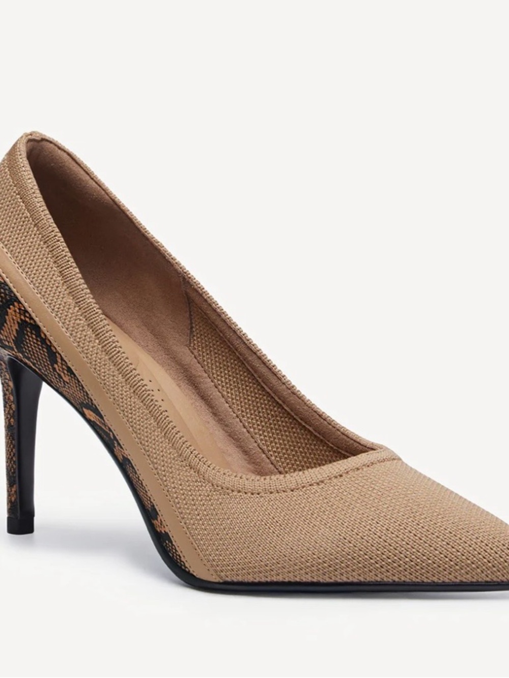 Tan Knit Pointed Toe High Heel Pumps with Subtle Patterned Heel